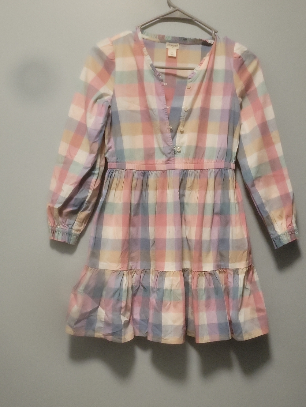 Crewcuts Pastel Plaid Tiered Long-Sleeve Dress in Pink, Blue, Yellow, Cream